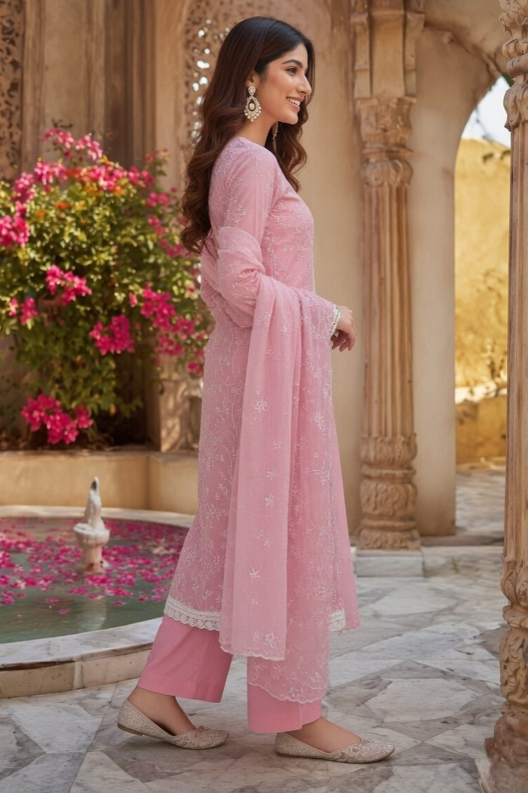 Lemon/Yellow Grace Cotton Unstitched Suit Set with Thread Embroidery & Embroidered Dupatta - Image 5