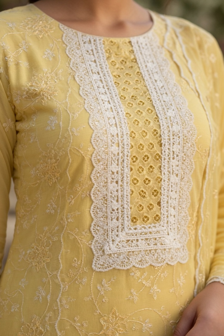 Lemon/Yellow Grace Cotton Unstitched Suit Set with Thread Embroidery & Embroidered Dupatta - Image 3