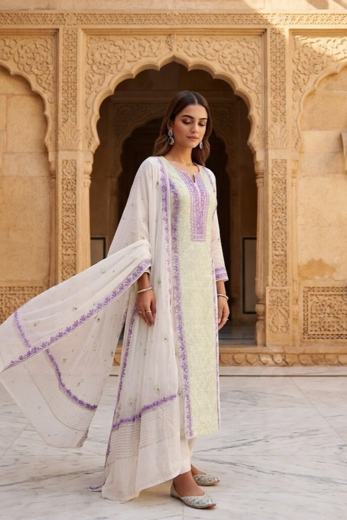 White Chanderi with Chikankari Suit with dupatta - Image 3