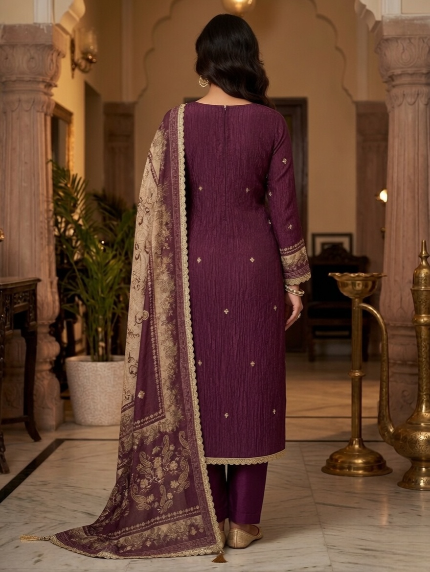 Wine Crushed tissue suit with Embroidery and Printed Dupatta - Image 5