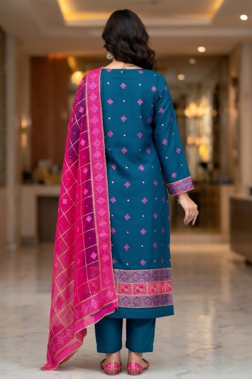 Teal Blue Phulkari Suit with Pink Phulkari dupatta - Image 5