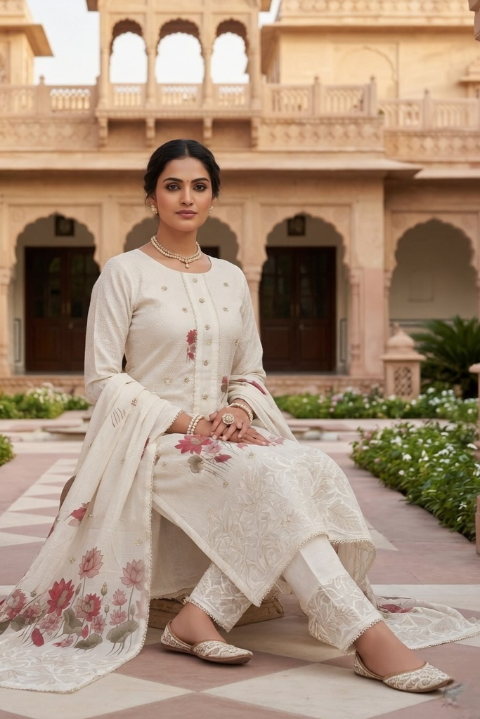 Ivory Bloom Cotton Linen Unstitched Suit Set with Printed Dupatta - Image 6