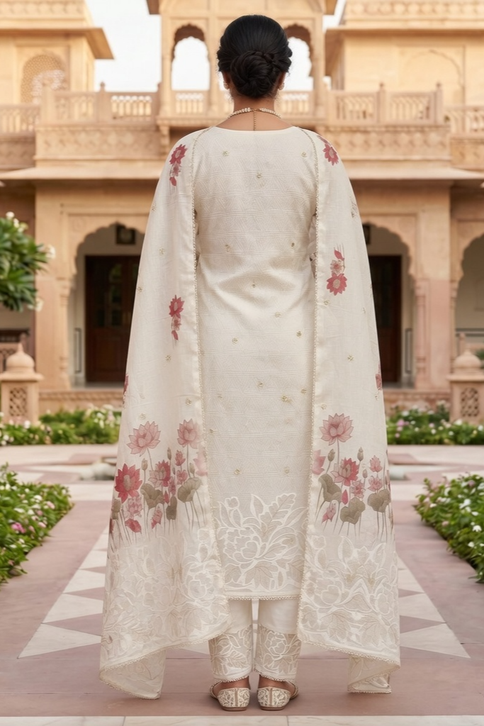 Ivory Bloom Cotton Linen Unstitched Suit Set with Printed Dupatta - Image 7