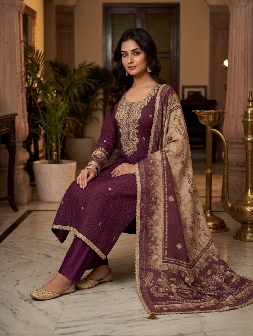 Wine Crushed tissue suit with Embroidery and Printed Dupatta - Image 4