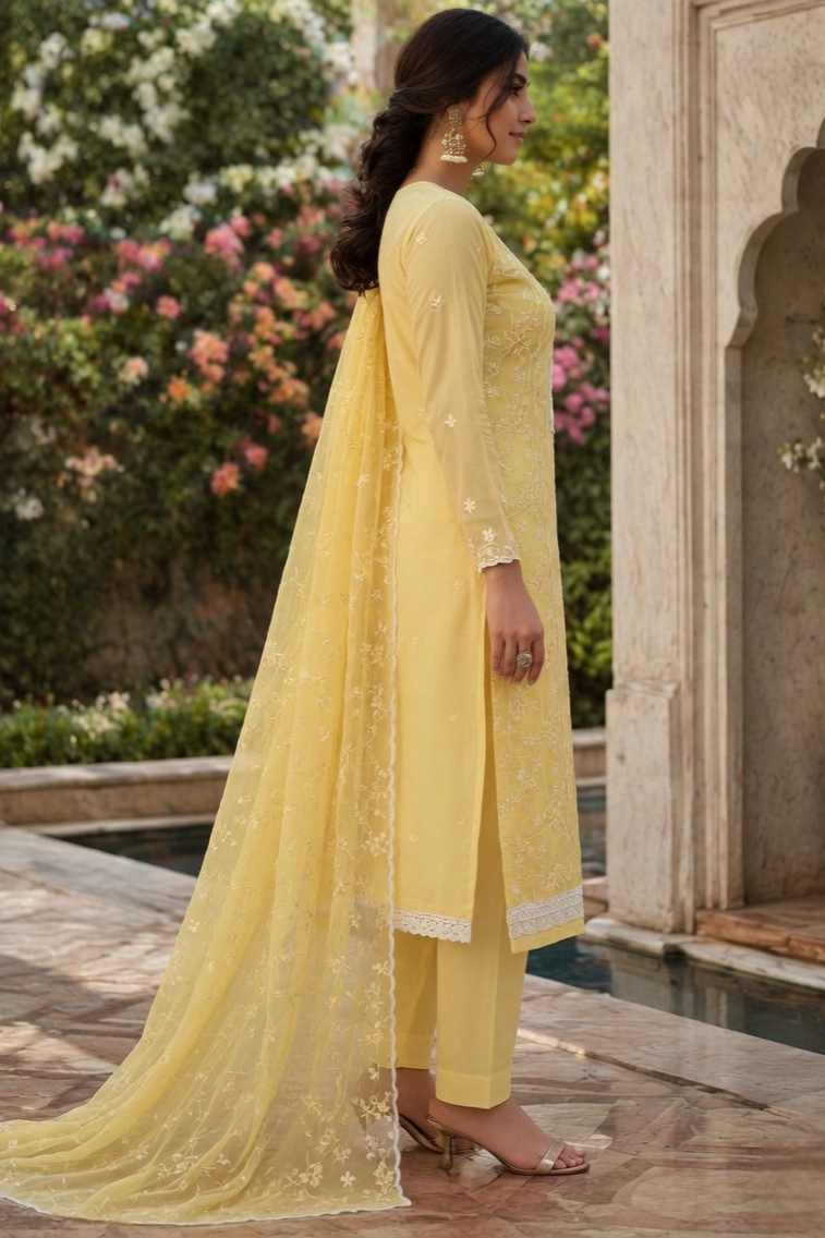 Lemon/Yellow Grace Cotton Unstitched Suit Set with Thread Embroidery & Embroidered Dupatta - Image 5