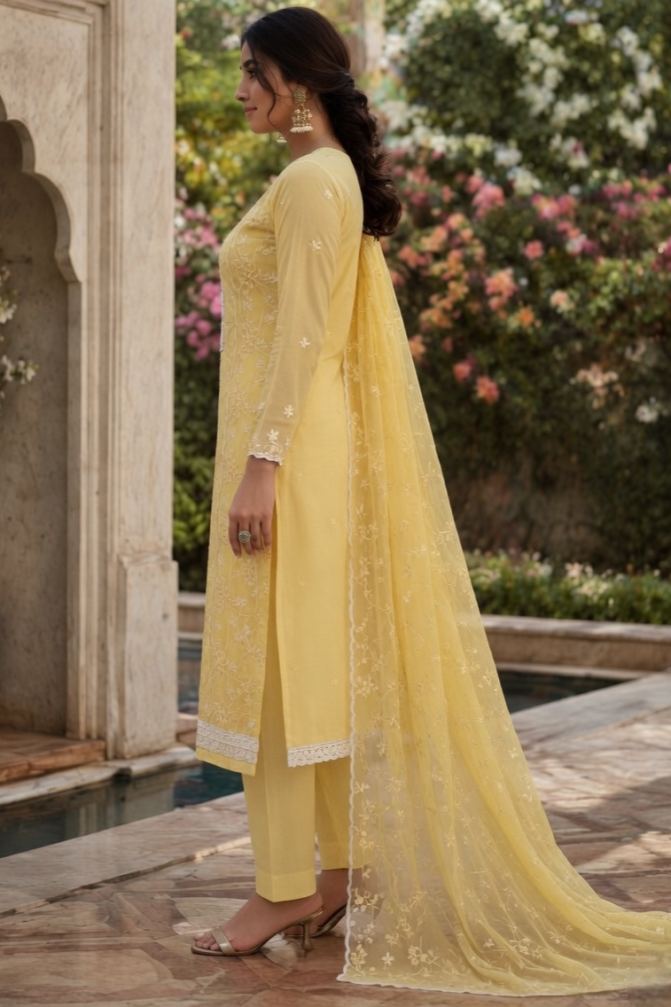 Lemon/Yellow Grace Cotton Unstitched Suit Set with Thread Embroidery & Embroidered Dupatta - Image 4